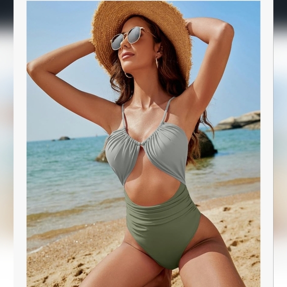 Stylish Olive Green Cutout Swimsuit NWT - Picture 4 of 16